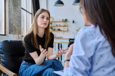 Sosyal hizmet görevlisiyle konuşan genç bir kadın, ev toplantısı, psikolojik danışmanın ev ziyareti, araştırma danışmanlığı. Sosyal hizmetler, psikoloji psikoterapisi tedavi desteği, akıl sağlığı, gençlik