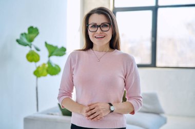 Kendinden emin, olgun, güzel bir kadın kameraya katlanmış elleriyle bakıyor. İş, iş, başarı, güven, olgun insanlar konsepti