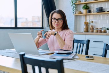 Orta yaşlı, güzel bir kadın dizüstü bilgisayar belgeleriyle çalışıyor, oturma odasındaki masada oturan kameraya bakıyor. Teknoloji, iş, iş, olgun insanlar konsepti