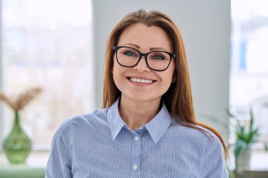 Ofiste mavi gömlekli, mutlu, gülümseyen esmer iş kadınının portresi. Güzellik, iş, kariyer, başarı, iş, olgun yaş insanları kavramı