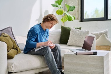 Ciddi bir genç erkek öğrenci dizüstü bilgisayarla kanepede oturup ders çalışıyor. Eğitim, teknoloji, ergenlik kavramı