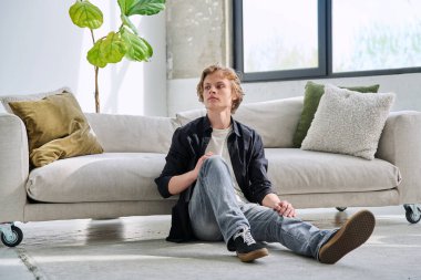 Oturma odasındaki kanepede oturan yakışıklı, rahat bir gencin portresi, ciddi bir ergen profili. Gençlik yaşı, 16-17 yaş arası erkekler, yaşam tarzı, eğlence konsepti.