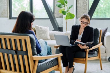 Kadın gazeteci, işveren, İnsan Kaynakları müdürü, işe alım görevlisi, sosyal hizmet çalışanı mülakatçısı ofiste birlikte oturan kadınla görüşme. İş, personel, kariyer, iş kavramı