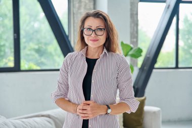 Siyah takım elbiseli, kameraya bakan orta yaşlı bir iş kadınının portresi. Ofiste elleri bağlı, 40 'lı yaşlarda kendinden emin bir kadın. İş yönetimi kariyeri olgun insanlar