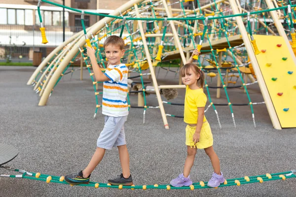 Children Brother Sister Play Modern Playground Climb Giant Climbing Web — Stock Photo, Image
