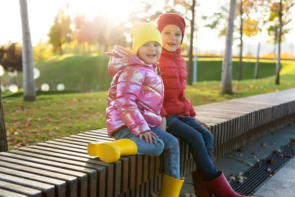 Small Children Brother Sister Rubber Boots Bright Clothes Autumn Park — Stock Photo, Image