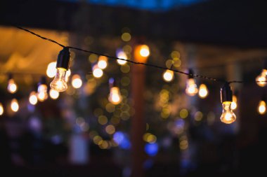 Arka bahçedeki bir hatta asılı duran tel lambalar.