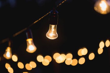 Arka bahçedeki bir hatta asılı duran tel lambalar.