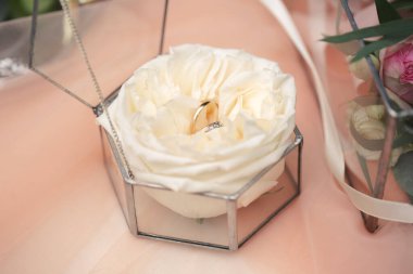 Düğün yüzükleri törenden önce güzel bir kutuda. Düğün gününün detayları.