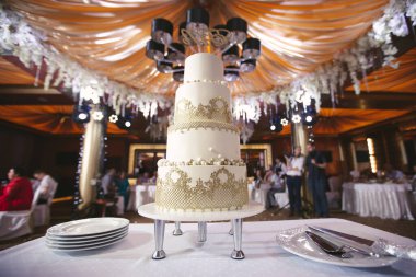 Düğündeki yeni evliler için güzel bir düğün pastası. Şölende bir doğum günü pastası.