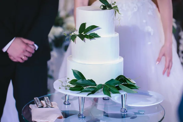 新娘和新郎在宴会上切了一个华丽的结婚蛋糕 — 图库照片