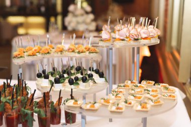 Yemek masası büfesi, çeşitli atıştırmalıklar ve aperatiflerle süslenmiş güzel bir ziyafet kurumsal doğum günü partisi, düğün resepsiyonu, kanepe, şarküteri.
