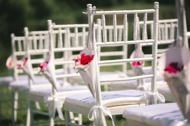 Düğün töreninde gül yapraklı beyaz sandalyeler
