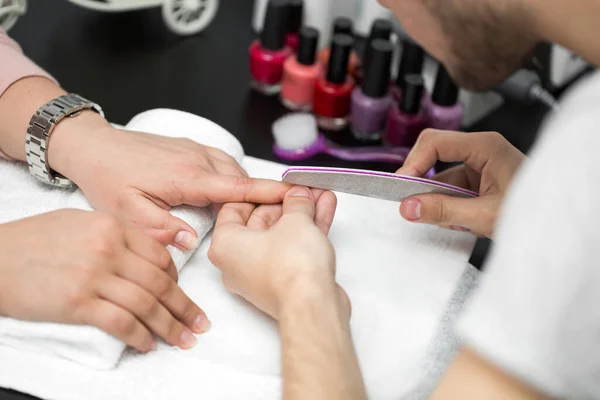 Man Manicurist Doing Manicure Women Beauty Salon — Stock Photo, Image