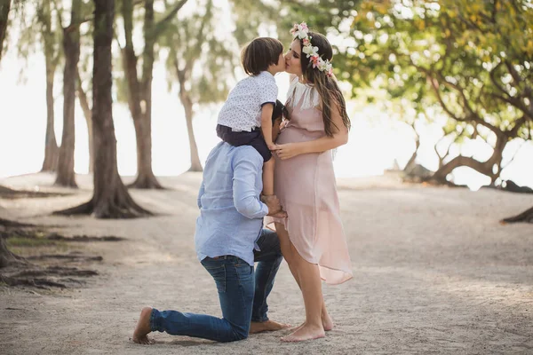 Gelukkige Zwangere Familie Met Plezier Natuur Zoon Vaders Schouders Papa — Stockfoto