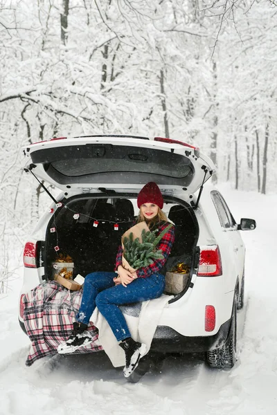 Jovem Com Buquê Galhos Árvore Natal Suas Mãos Está Sentado — Fotografia de Stock