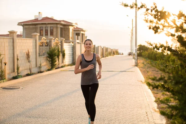 Beautiful Woman Running Sunset — Stock Photo, Image
