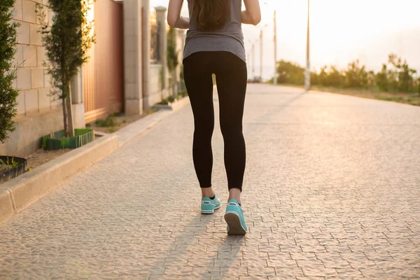 Athlete Runner Feet Running Road Closeup Shoe Woman Fitness Sunrise — Stock Photo, Image