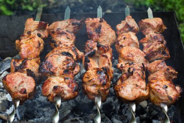 Biftek ve domuz barbeküsü, ızgarada biftek. Şişte kebap var. Doğa