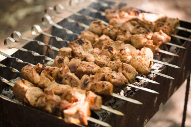 Biftek ve domuz barbeküsü, ızgarada biftek. Şişte kebap var. Doğa