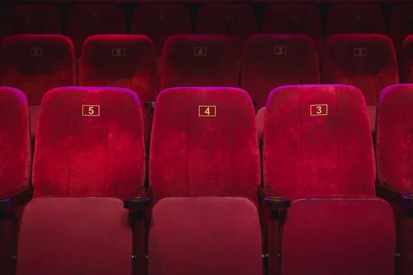 Пустые Удобные Красные Сиденья Номерами Кинотеатре — стоковое фото