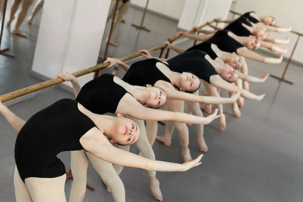 Young Ballerinas Doing Exercises Studio Young Ballet Actresses Training Dance — Stock Photo, Image