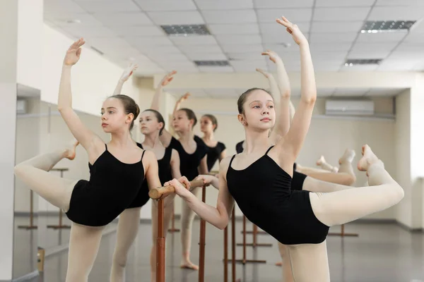 Jonge Ballerina Opleiding Ballet Barre Groep Balletdansers Poseren Buurt Van — Stockfoto