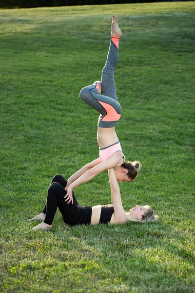Couple Practices Acro Yoga Park Grass — Stock Photo, Image