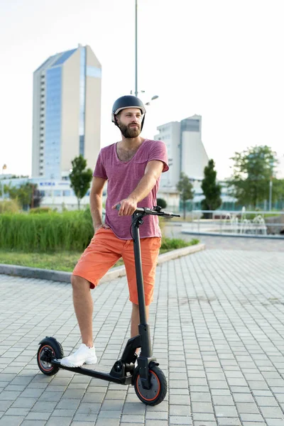 Happy Man Rides Electric Scooter Park — Stock Photo, Image