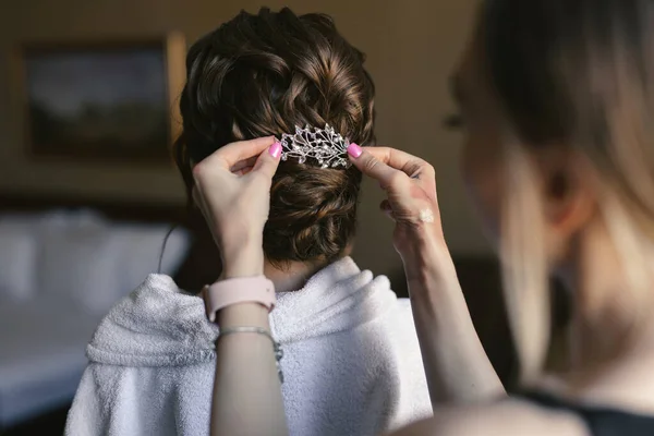 Hair Stylist Make Artist Prepare Bride Wedding Day — Stock Photo, Image