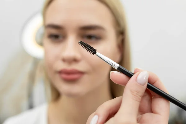 Closeup beautiful woman with eyebrow brush tool, makeup artist combs eyebrows close up.