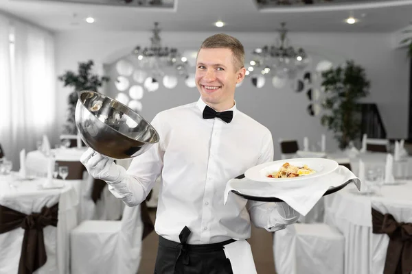 Male Waiter Opens Lid Tray Hot Dish Stock Image