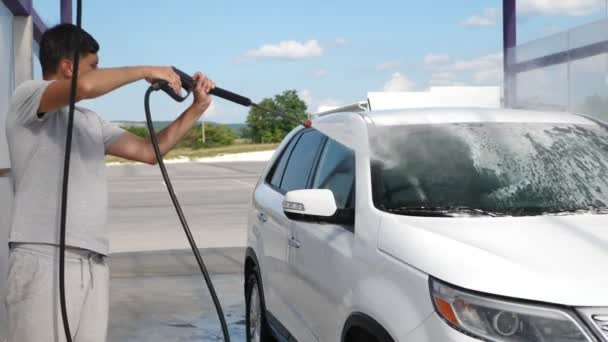 Self Service Car Wash Man Washes Foam Car Water Pressurized — Stock Video