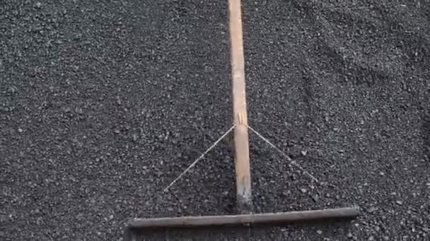 Road Construction Crew Used Shovels Mops Level Asphalt New Coating — Stock Video