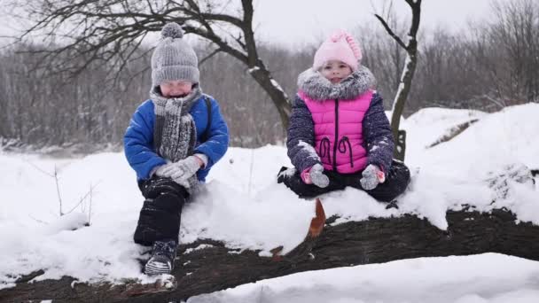 Oğlan Kış Ormanlarında Bir Kütüğe Oturur Ağlar Bir Kız Ona — Stok video