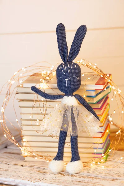 Yapımı Örgü Bir Tavşan Tavşan Kız Bir Yığın Kitabın Arka — Stok fotoğraf