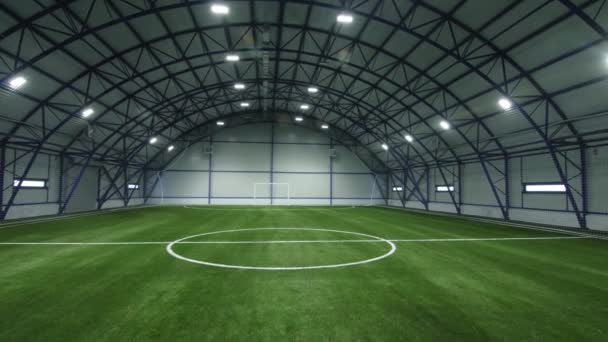 体育学校的大型室内足球场 有半圆形天花板 球队球类运动训练的广阔场地 — 图库视频影像