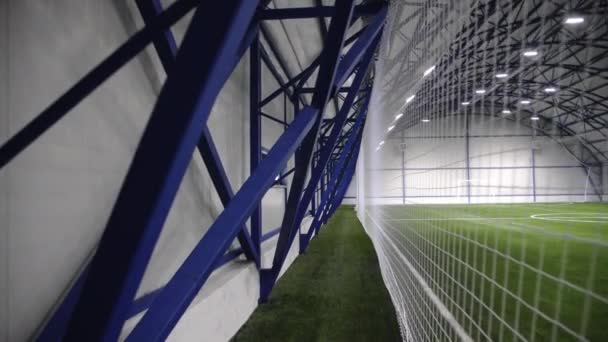 Mesh Opknoping Rond Grote Indoor Voetbalveld Met Groene Grasmat Poort — Stockvideo