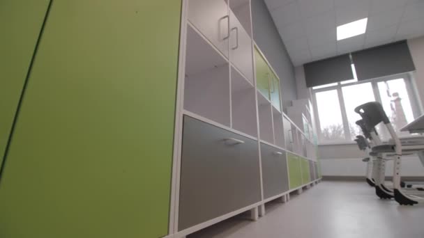 Minimalist Shelving Unit Closed Doors Classroom Closeup Comfortable Furniture Educational — Stock Video