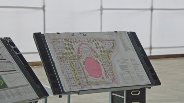 Алматы Казахстан Сентября 2022 Рисунок Будущего Спортивного Стадиона Подиуме Строительной — стоковое видео