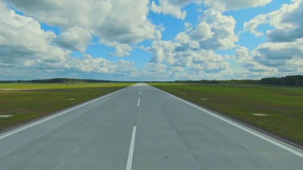Concrete Runway Leading Horizon Lush Meadow Sky White Clouds Summer — Stock Video