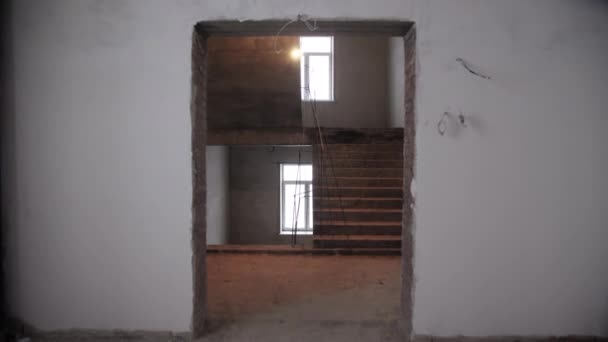 Concrete Staircases Windows Metal Railing Building Construction Site Empty Hallway — Stock Video