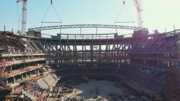 Unfinished Sports Stadium Building Professional Builders Shady Construction Site Summer — Vídeo de stock