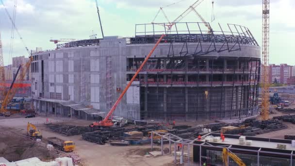 Truck Crane High Hoist Unfinished Stadium Building Concrete Facade Bird — Video Stock