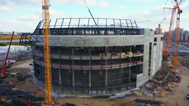 Powerful Cranes Sports Stadium Building Concrete Carcass Aerial View Construction — Stockvideo