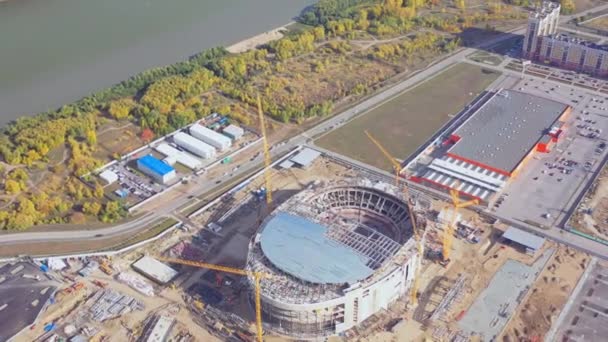 Sports Arena Construction Site High Tower Cranes Shopping Mall Riverbank — Stock videók