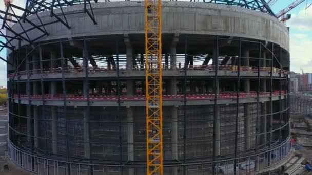 Future Stadium Building Concrete Carcass Machines Urban District Aerial View — Vídeos de Stock