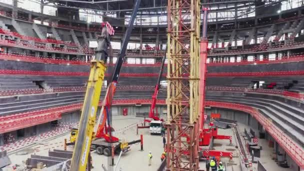 High Metal Support Roof Carcass Frame Stadium Building Construction Site — Vídeos de Stock