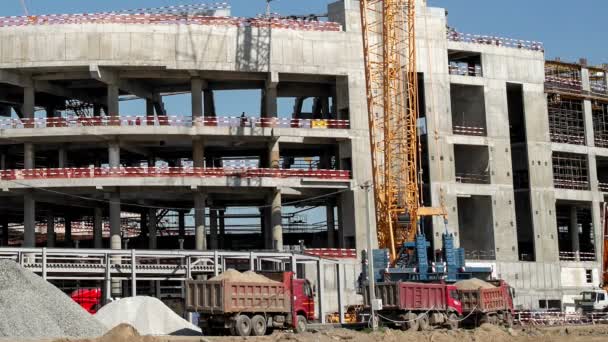 Timelapse Contemporary Machinery Operating Future Sports Center Building Construction Site — Wideo stockowe