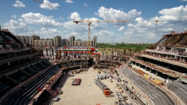 Timelapse Truck Tower Cranes Operating Contemporary Sports Arena Construction Site — Stock video